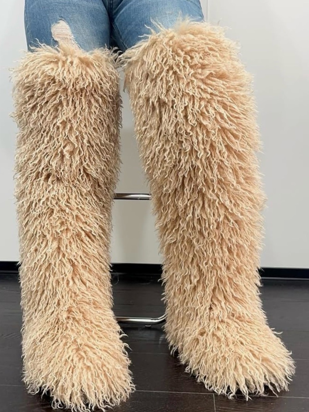 Faux Fur Fluffy over the knee Thigh-High Boots - Beige